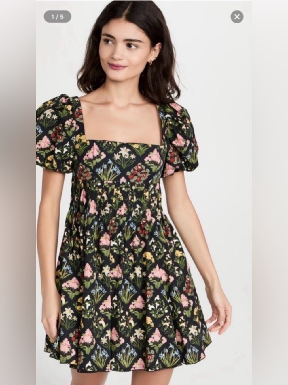 Black Floral Square-Neck Puff Sleeve Dress